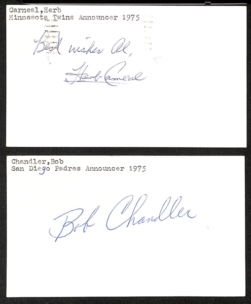 Lot of (6) Signed Baseball Announcer Index Cards- Harry Caray, Paul Carey, Skip Caray, Art Popham, Herb Carneal, Bob Chandler - (Beckett BAS Reviewed)